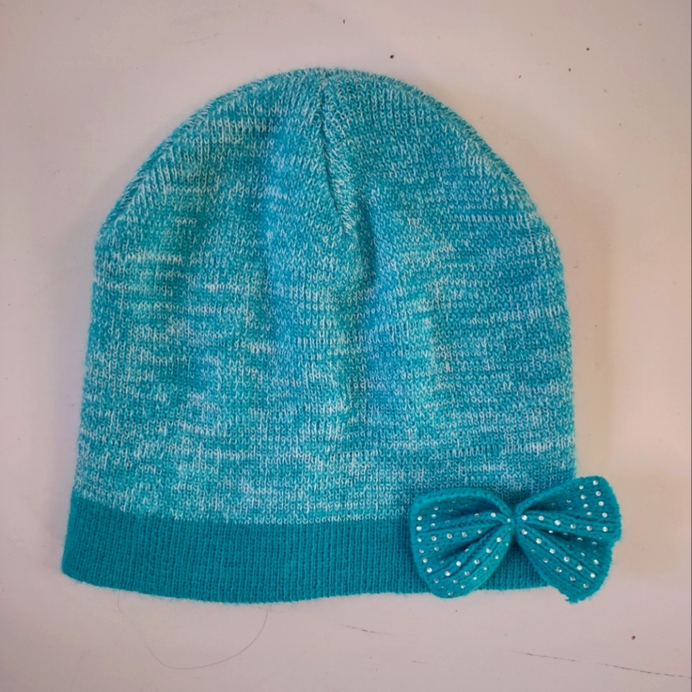 Girls teal blue winter hat with rhinestone bow